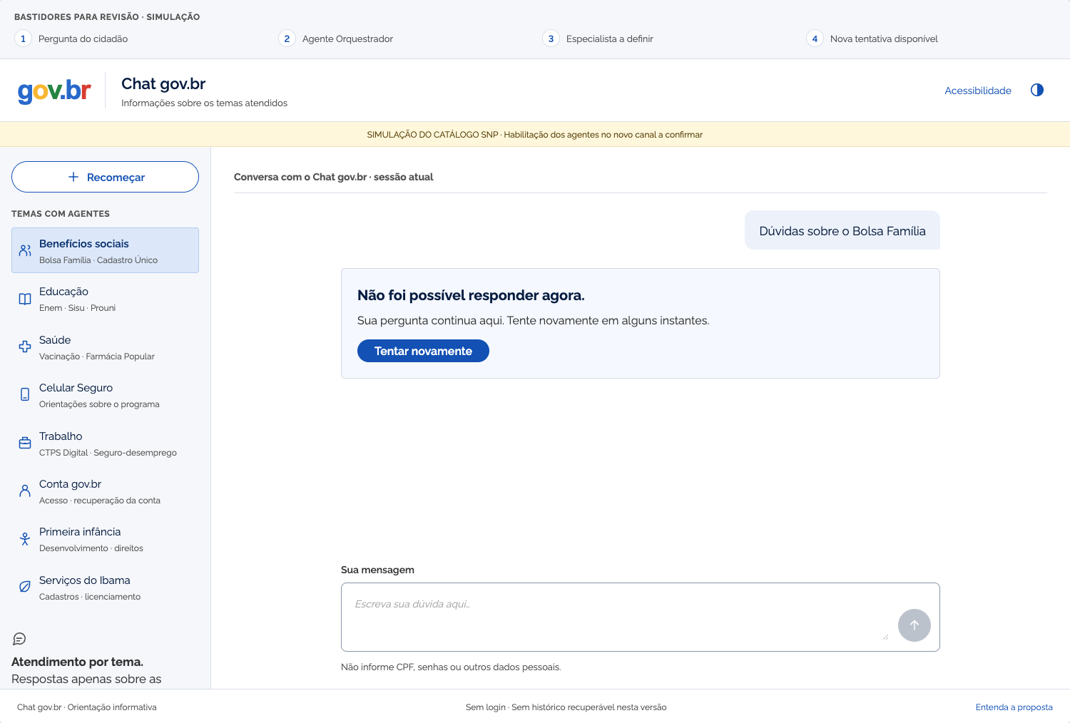 Mockup simulado: Indisponibilidade e nova tentativa.
