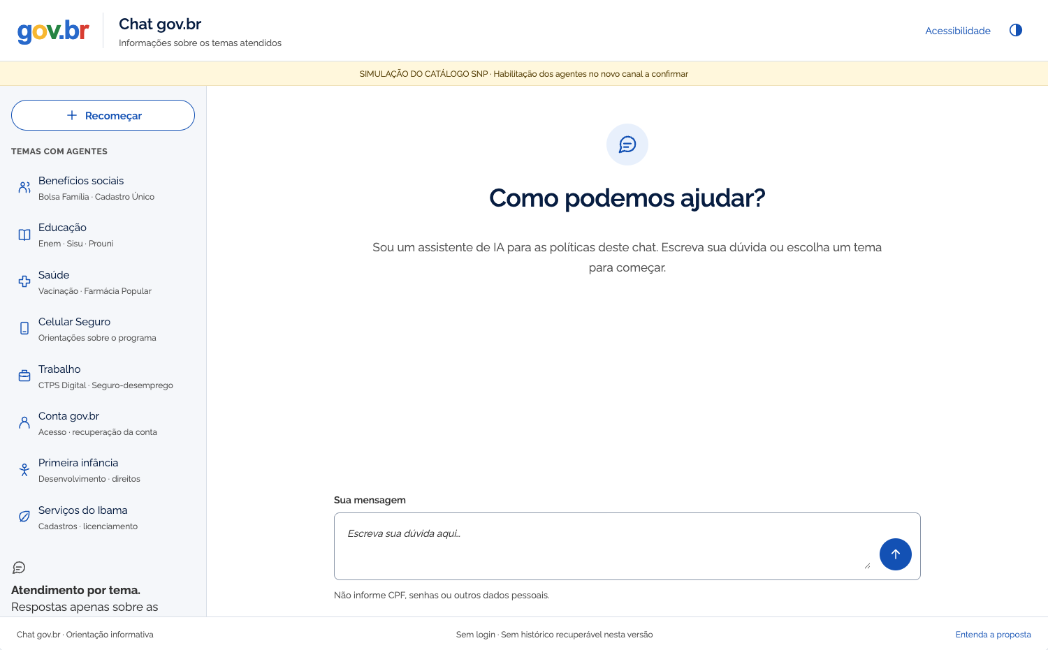 Mockup do primeiro acesso: menu lateral com temas do Serviço na Ponta e campo central para escrever a pergunta.