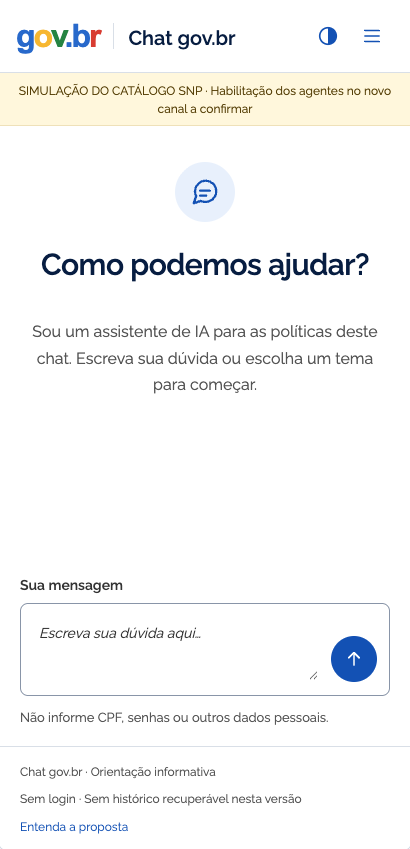 A mesma proposta adaptada ao celular, com menu de temas recolhível e campo de pergunta.